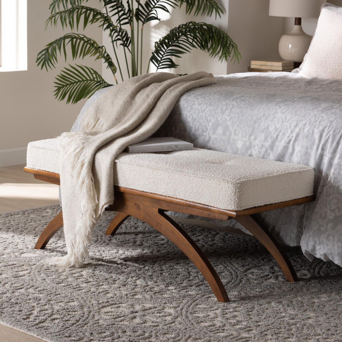 Orella Japandi Cream Boucle Fabric and Walnut Brown Finished Wood Bench
