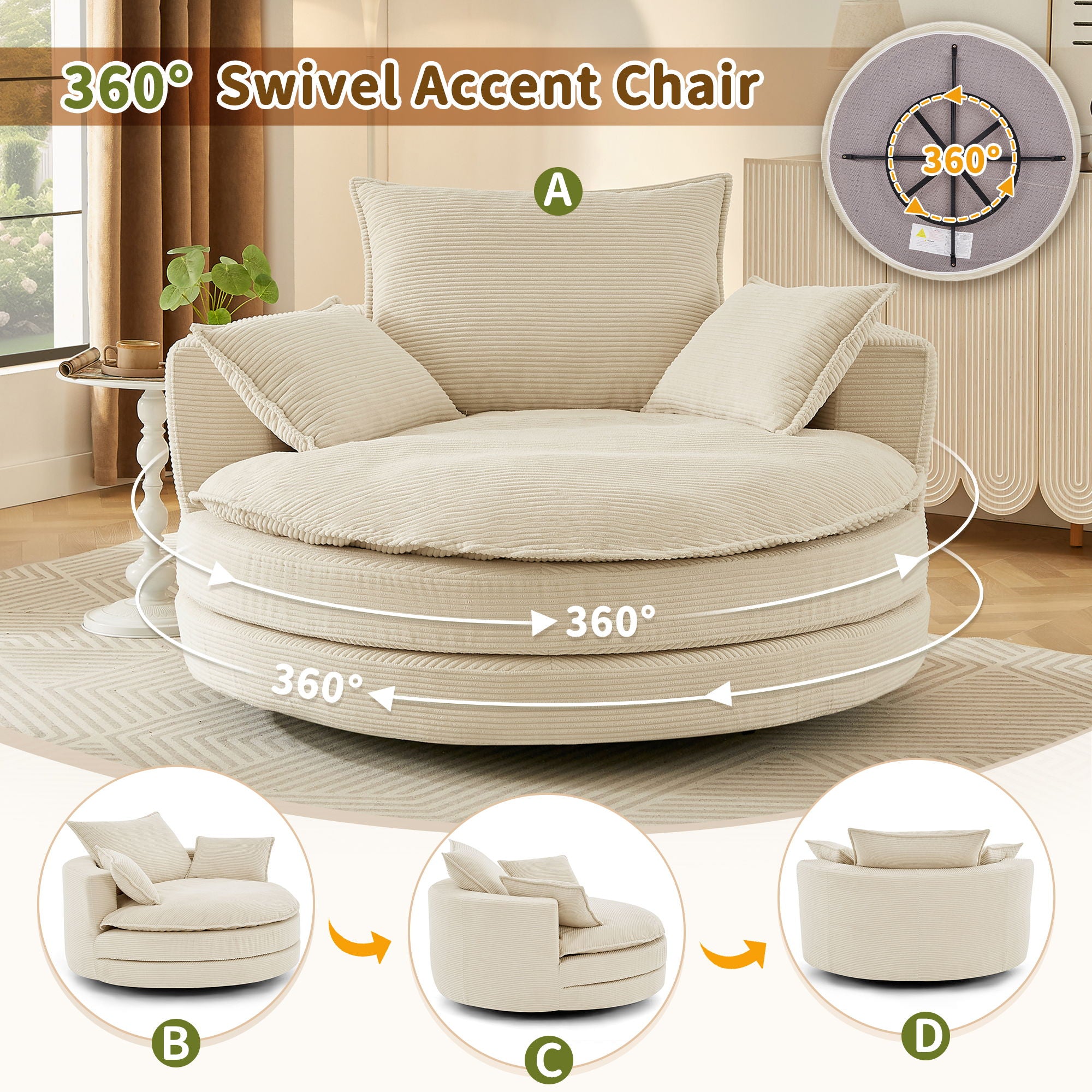 360° Swivel Accent Barrel Chair With Dual Layer Cushion And 3 Removable Pillows