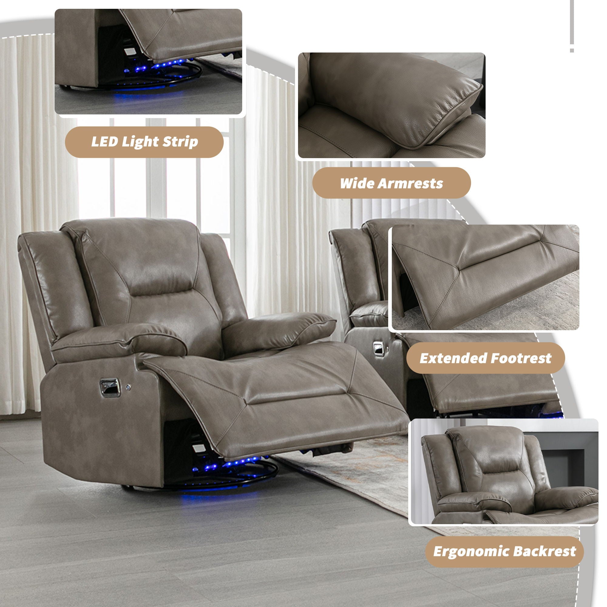 2 Seater Home Theater Recliner Manual Recliner Chair With A LED Light Strip Two Cup Holders And A Storage Box For Living Room