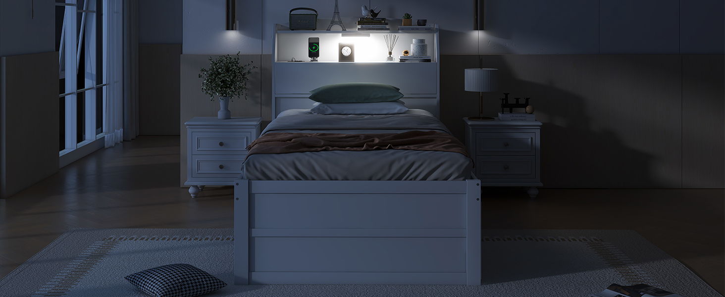 LED Platform Bed With Trundle With Storage Headboard With Drawers