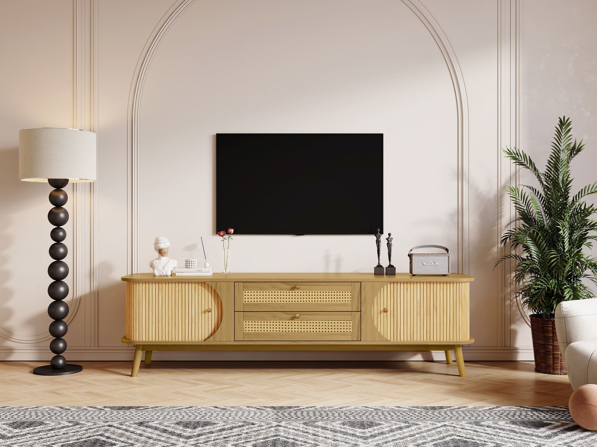 Rattan TV Stand For Tvs Up To 75'', Modern Farmhouse Media Console, Entertainment Center With Legs, TV Cabinet For Living Room, Home Theatre - Natural Wood
