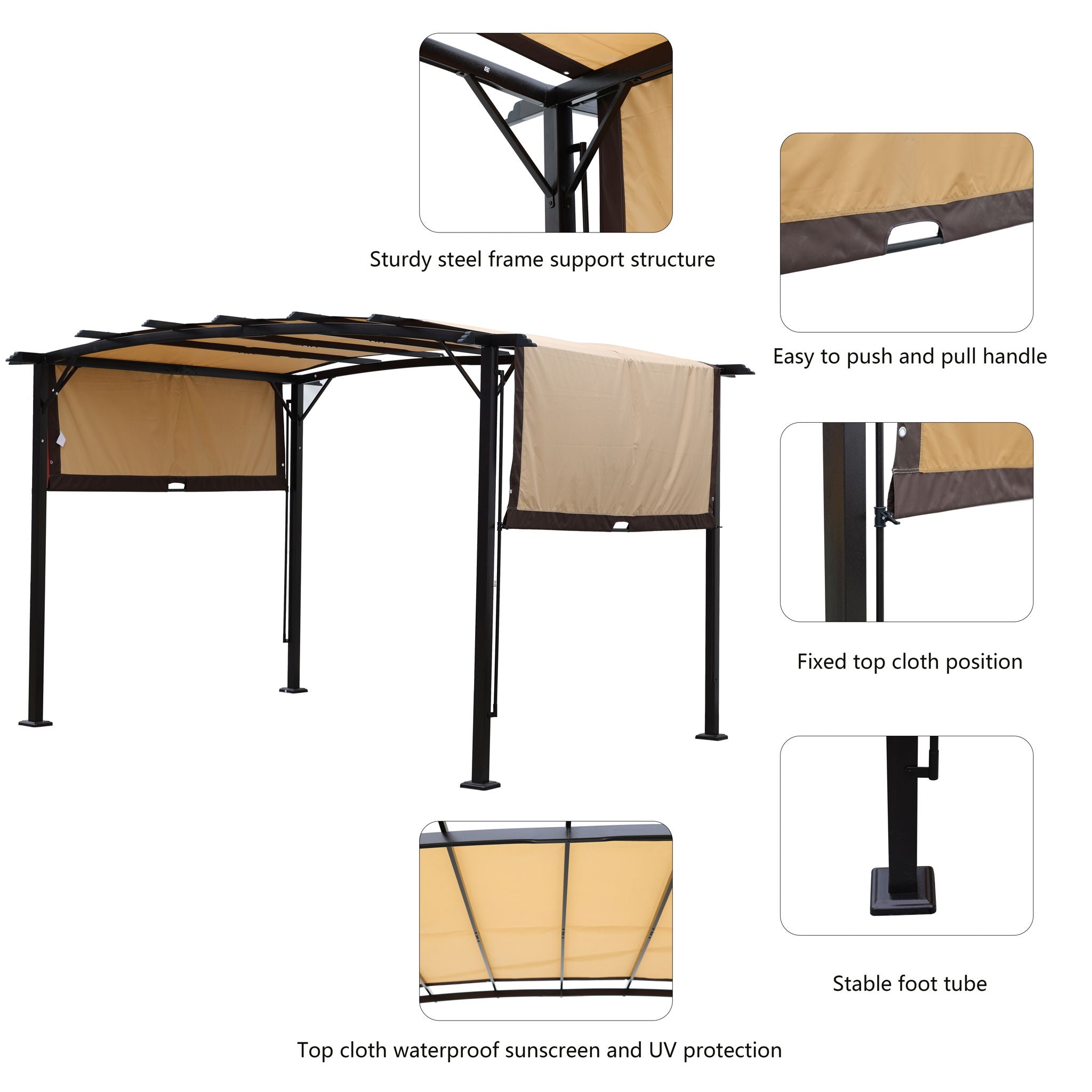 Outdoor Patio Pergola Gazebo - Steel Frame Sun Shelter With Retractable Canopy