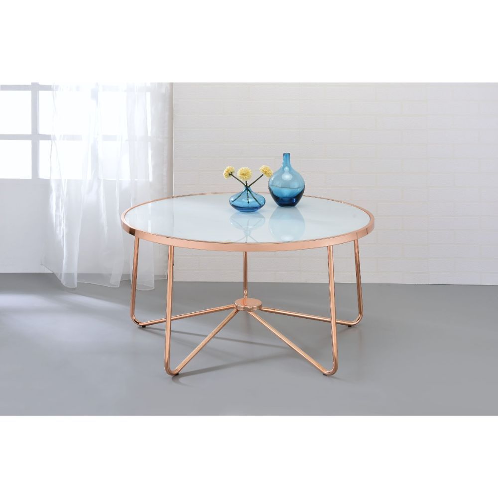 ACME Alivia - Coffee Table - Rose Gold & Frosted Glass | Meri Furniture