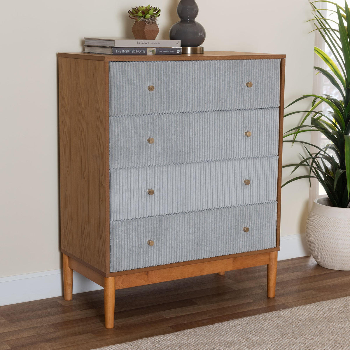 Taylin Mid-Century Grey Corduroy and Oak Brown Wood 4-Drawer Chest