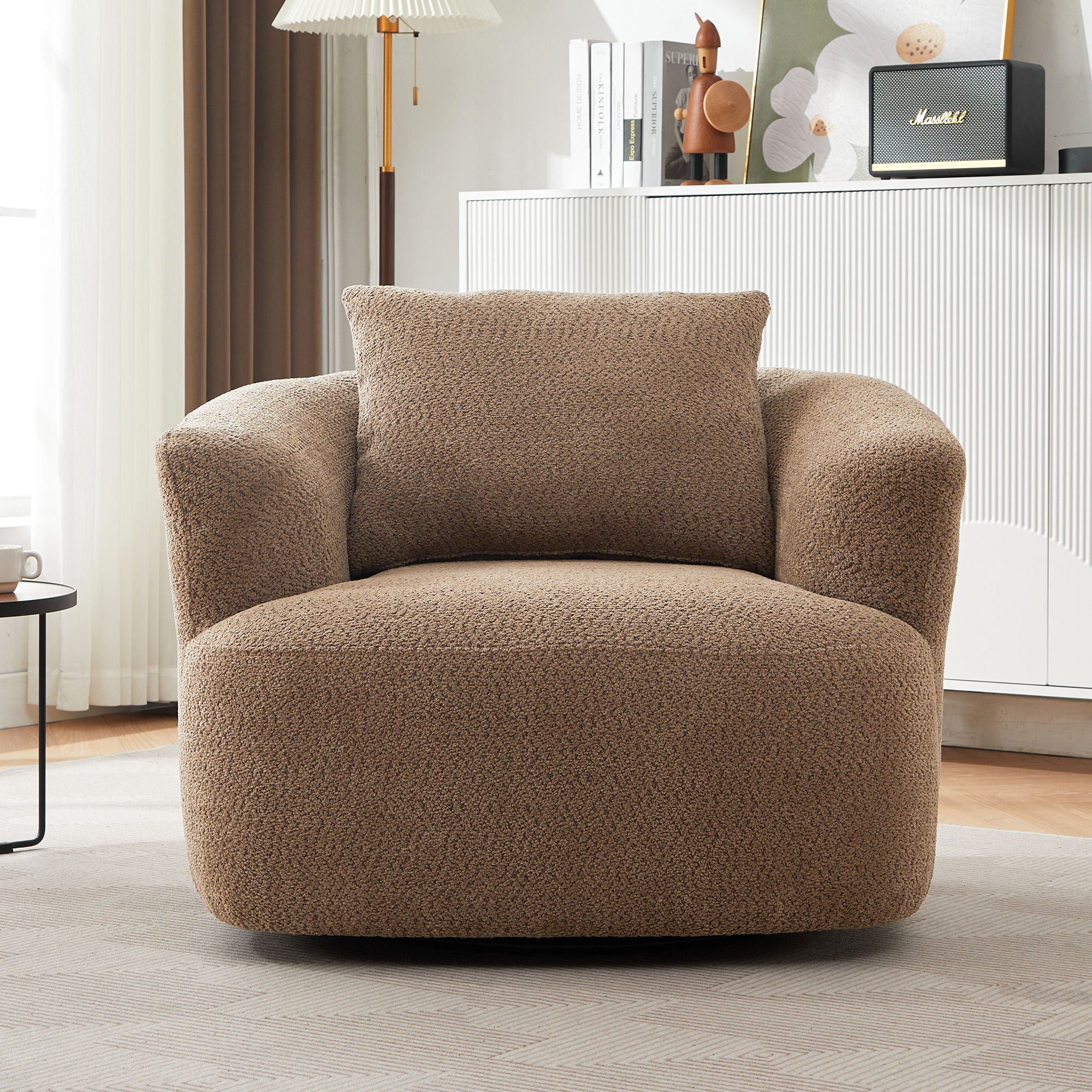 360° Swivel Barrel Sofa Chair With Throw Pillow, Chenille Upholstered Accent Chair