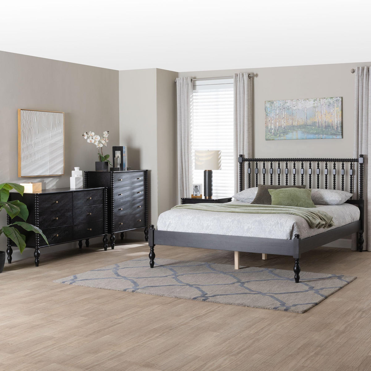 Denita Spindle 4-Piece Bedroom Set - Farmhouse Platform Bed with Matching Dresser, Chest, and 1-Drawer Nightstand, Black, Queen