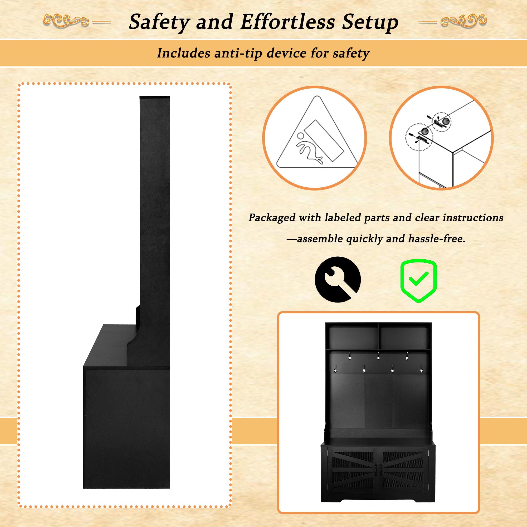 Entryway Bench With Coat Rack, 3 In 1 Design And Adjustable Shelves