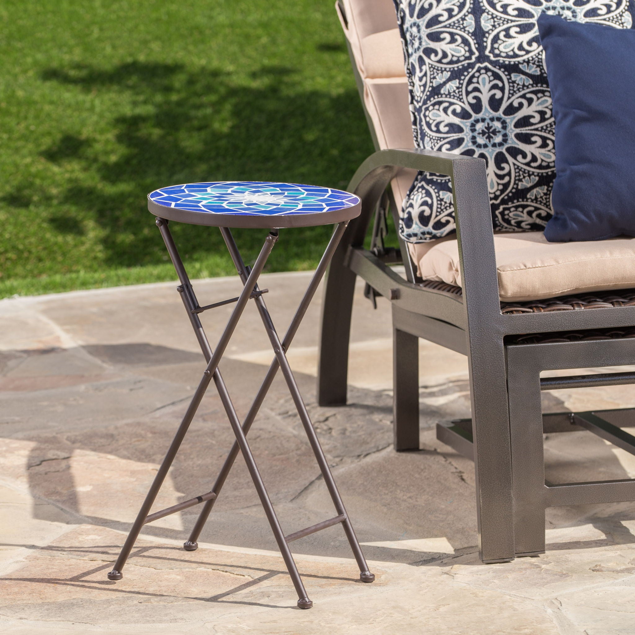 Outdoor Folding Accent Table With Glass Top And Iron Frame - White / Blue