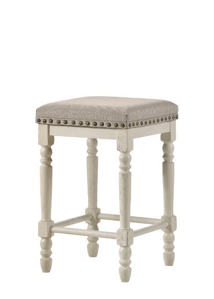 ACME Tasnim - Stool (Set of 2) - Tan Fabric & Antique White Finish | Meri Furniture