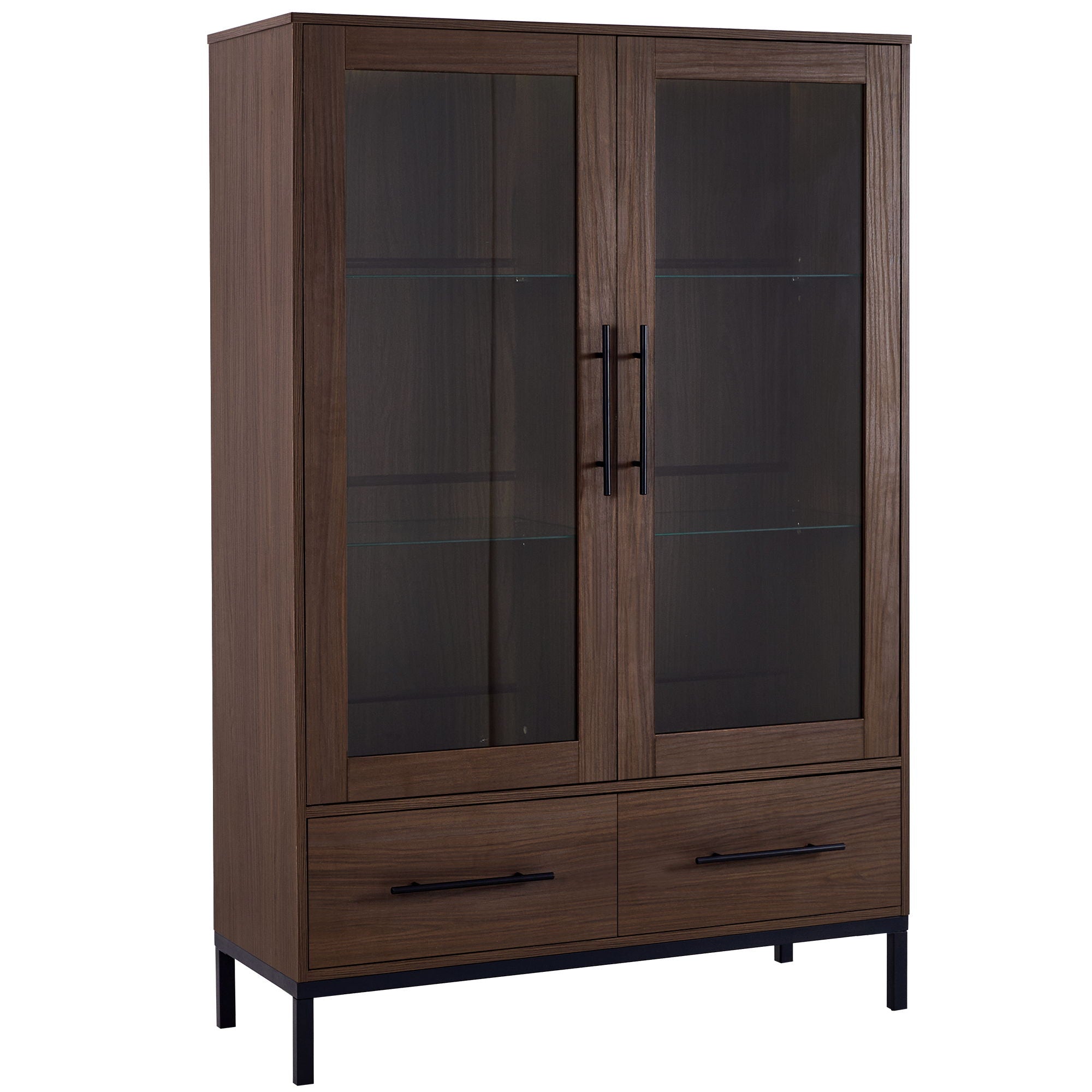Modern Style Tall Display Cabinet With LED Lighting, Tempered Glass Door, 2 Drawers
