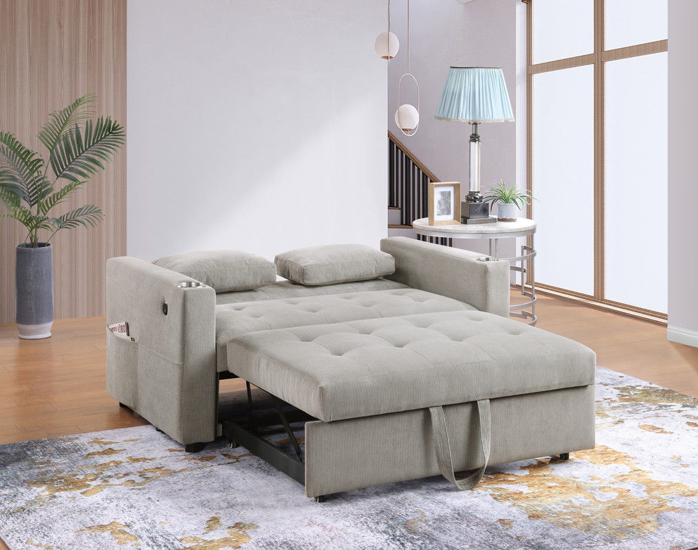Luelle 57"W Gray Corduroy Convertible Sleeper Loveseat with Cupholders, USB Ports, Magazine Pockets, Pillows, Tufting
