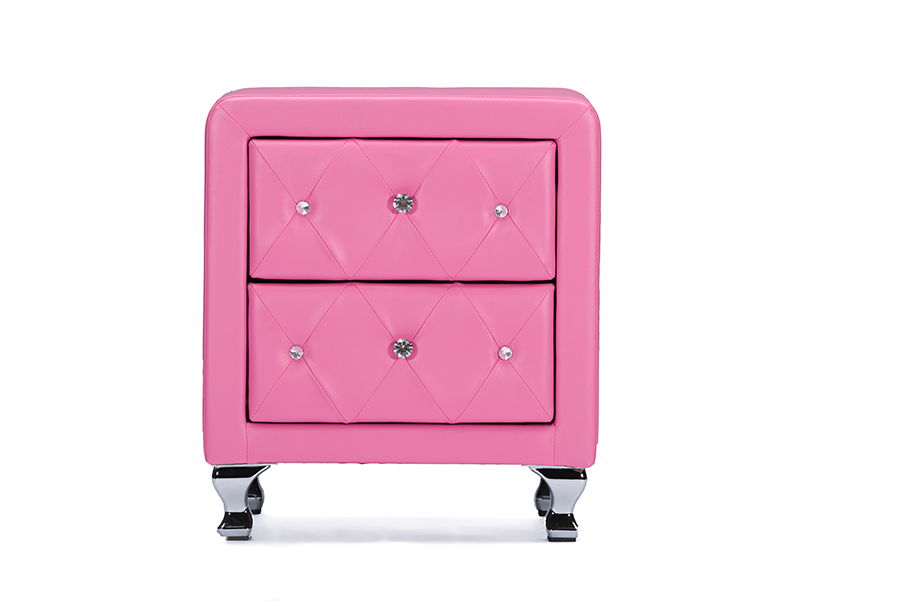 Stella Crystal Tufted Pink Leather Modern Nightstand