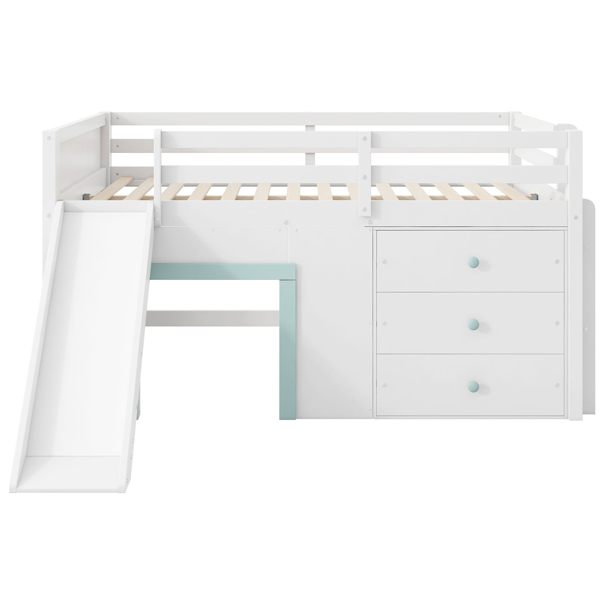 Modern Low Loft Bed With Slide, 3 Storage Drawers, And 2 Doors