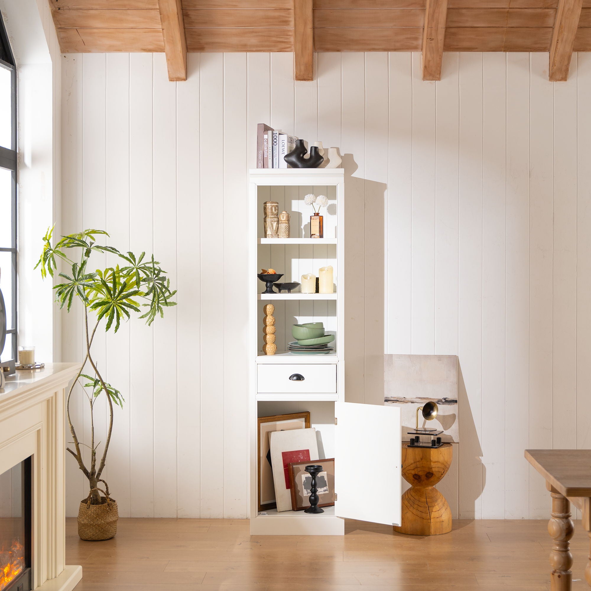 Retro Style 75'' Tall Display Shelf With Cabinet For Hallways Living Room Kitchen - White