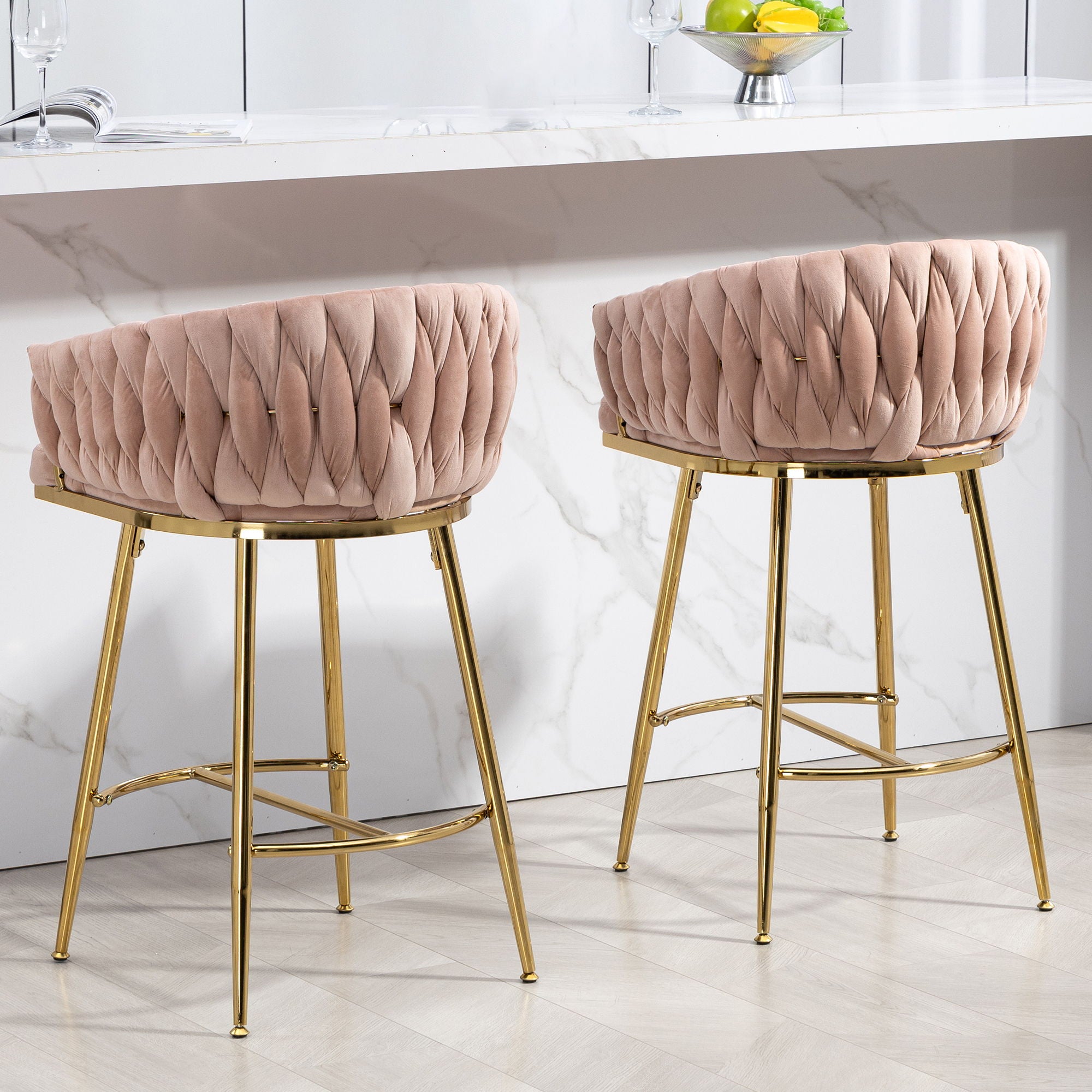 Counter Height Bar Stools Kitchen Island Counter Bar Stool With Hand - Wave Back, Golden Chromed Base And Footrest (Set of 2) - Pink