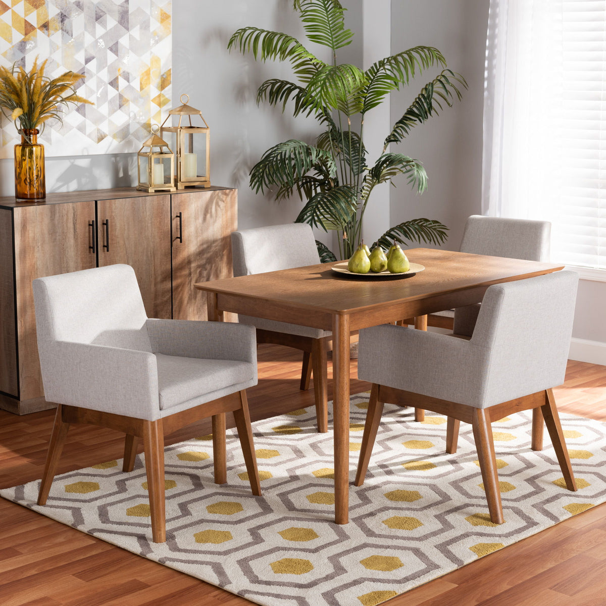 Dorina Mid-Century Modern Greyish Beige Fabric Upholstered and Walnut Brown Finished Wood 5-Piece Dining Set