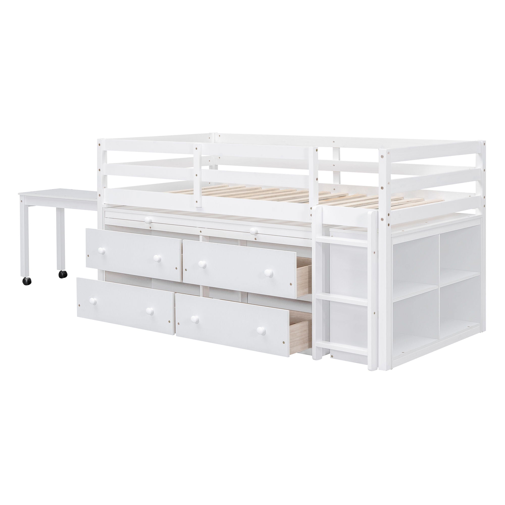 Loft Bed With Retractable Writing Desk And 4 Drawers, With Lateral Portable Desk And Shelves