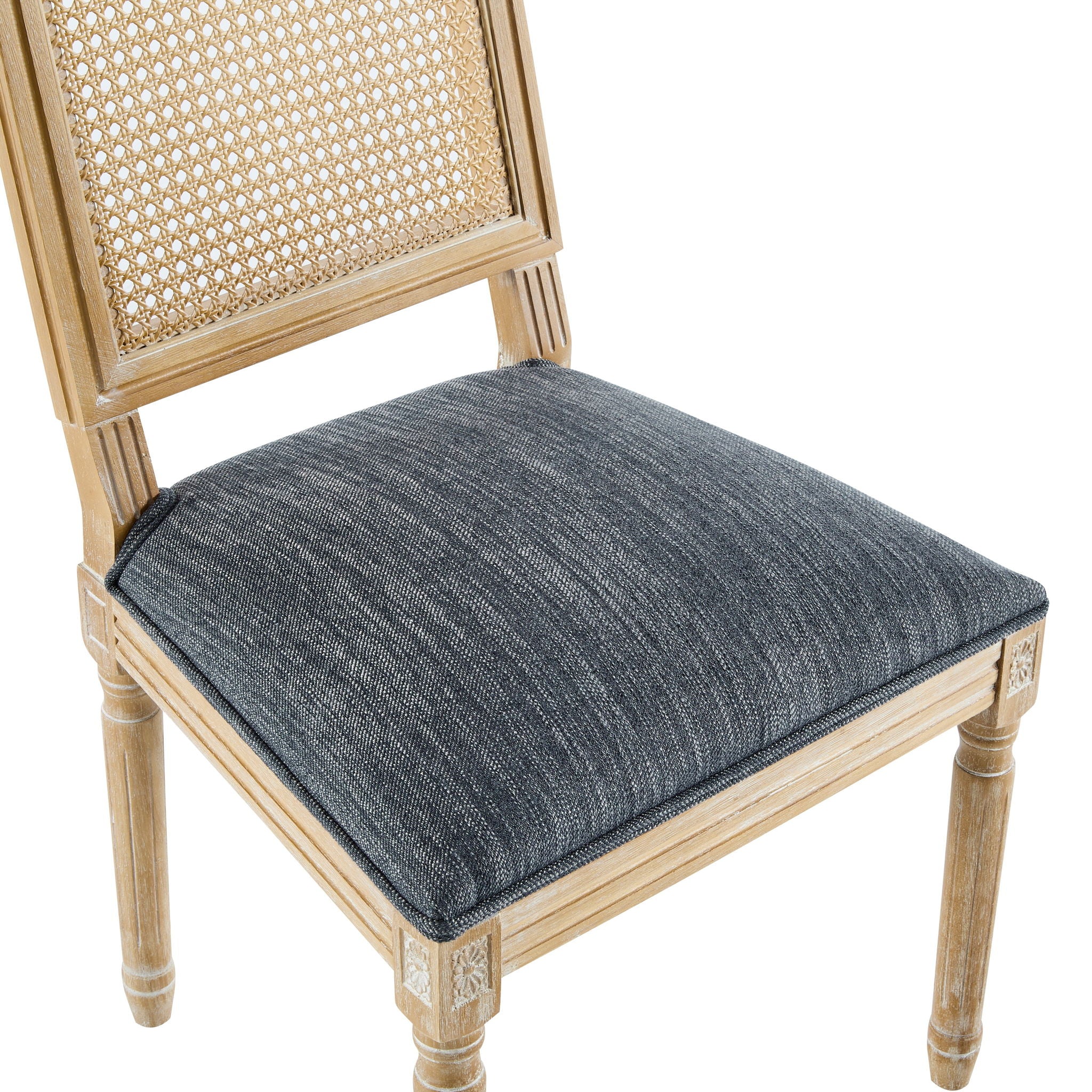 French Country Dining Chair With Rectangular Cane Backrest And Smooth Upholstered Seating