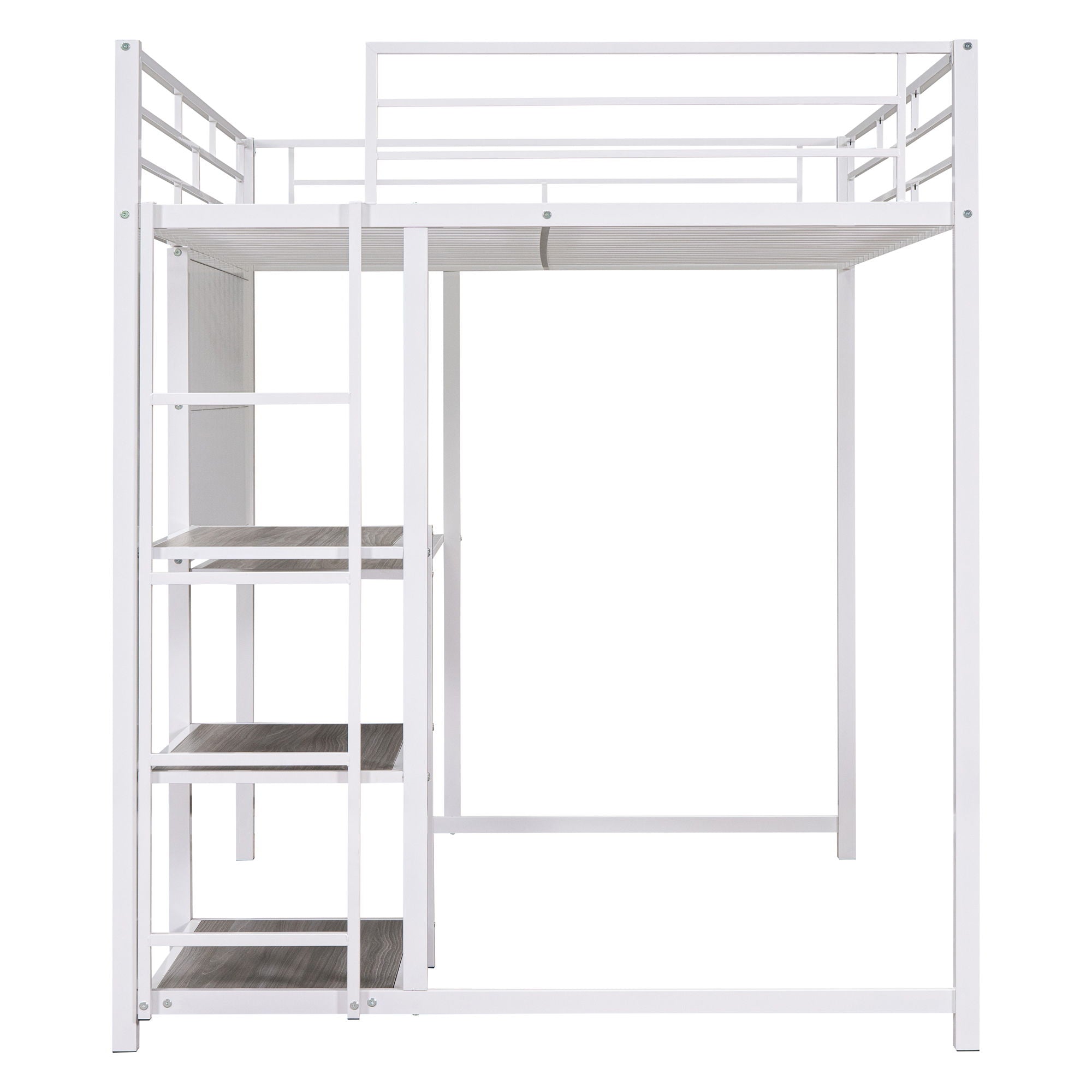 Metal Loft Bed With Desk, 3 Shelves And Ladder