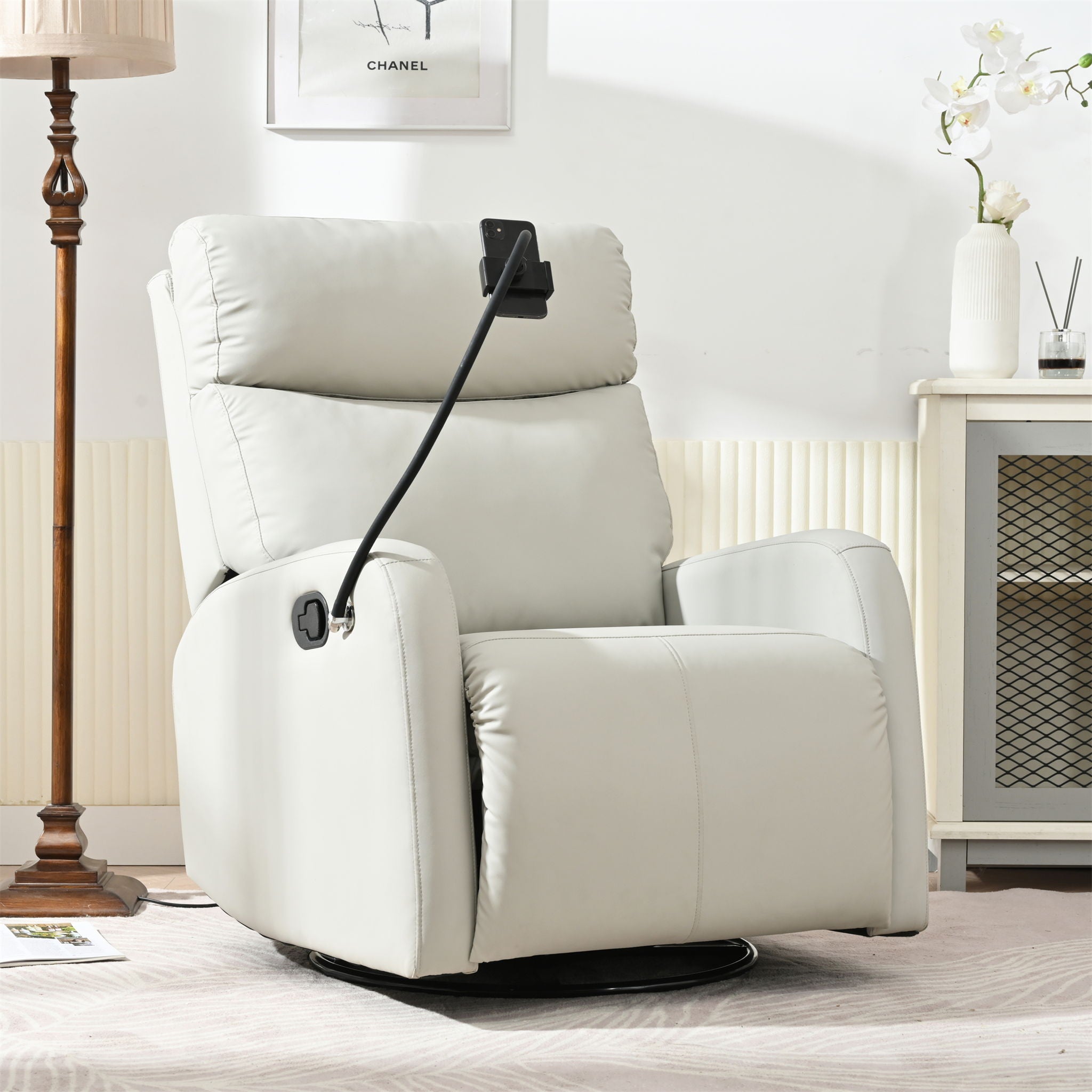 Rocking Recliner Chair, 360 Degree Swivel Nursery Rocking Chair, Glider Chair, Modern Small Rocking Swivel Recliner Chair For Bedroom, Living Room Chair Home Theater Seat, Phone Holder - Light Gray