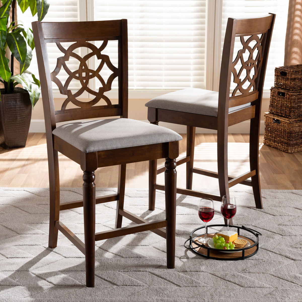 Oscar Modern and Contemporary Grey Fabric Upholstered and Walnut Brown Finished Wood 2-Piece Counter Height Pub Chair Set