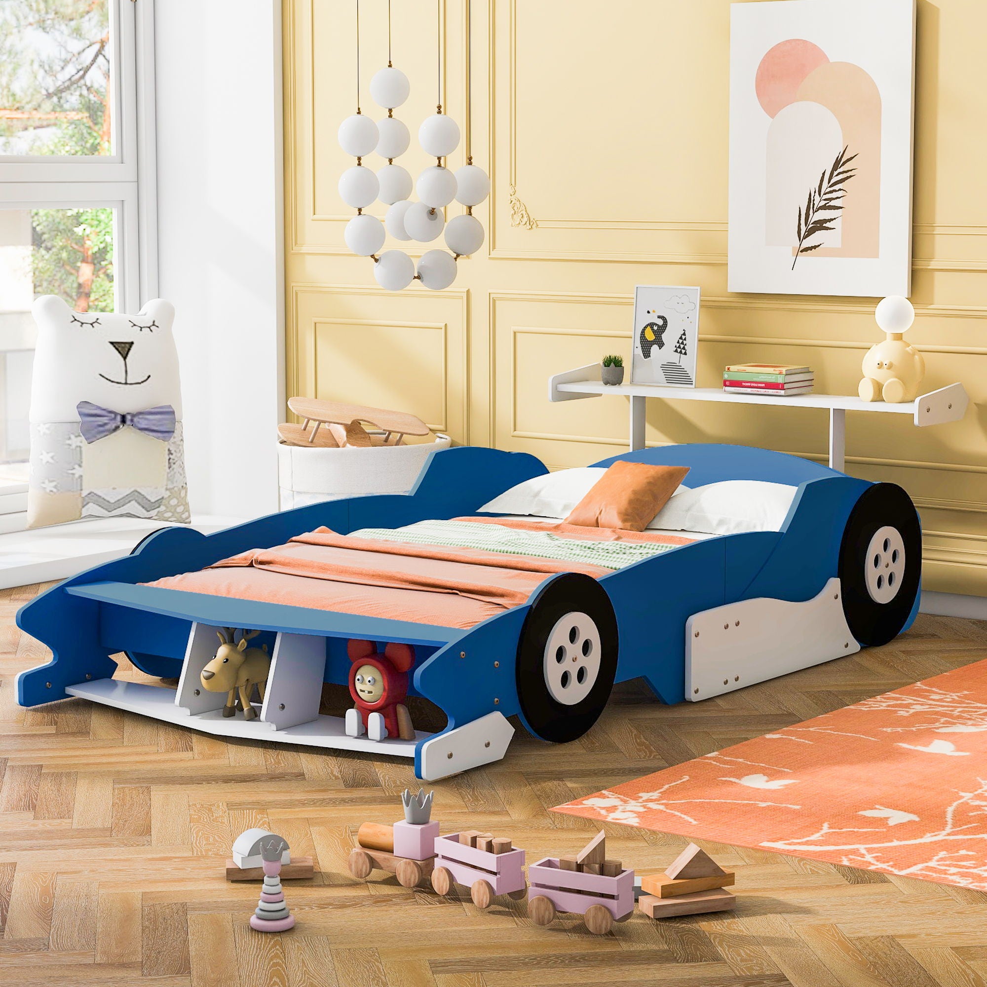 Race Car-Shaped Platform Bed With Wheels