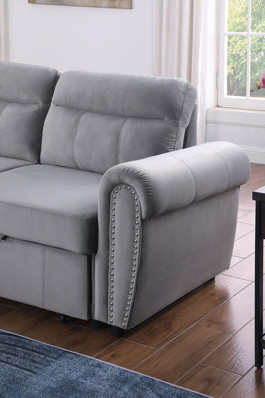 Ashton 96.5"W Gray Velvet Fabric Reversible Sleeper Sectional Sofa Chaise