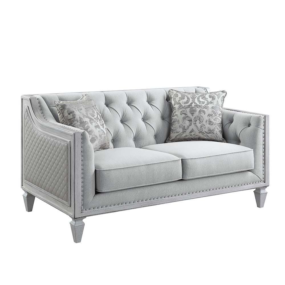ACME Katia - Loveseat - Light Gray Linen & Weathered White Finish | Meri Furniture