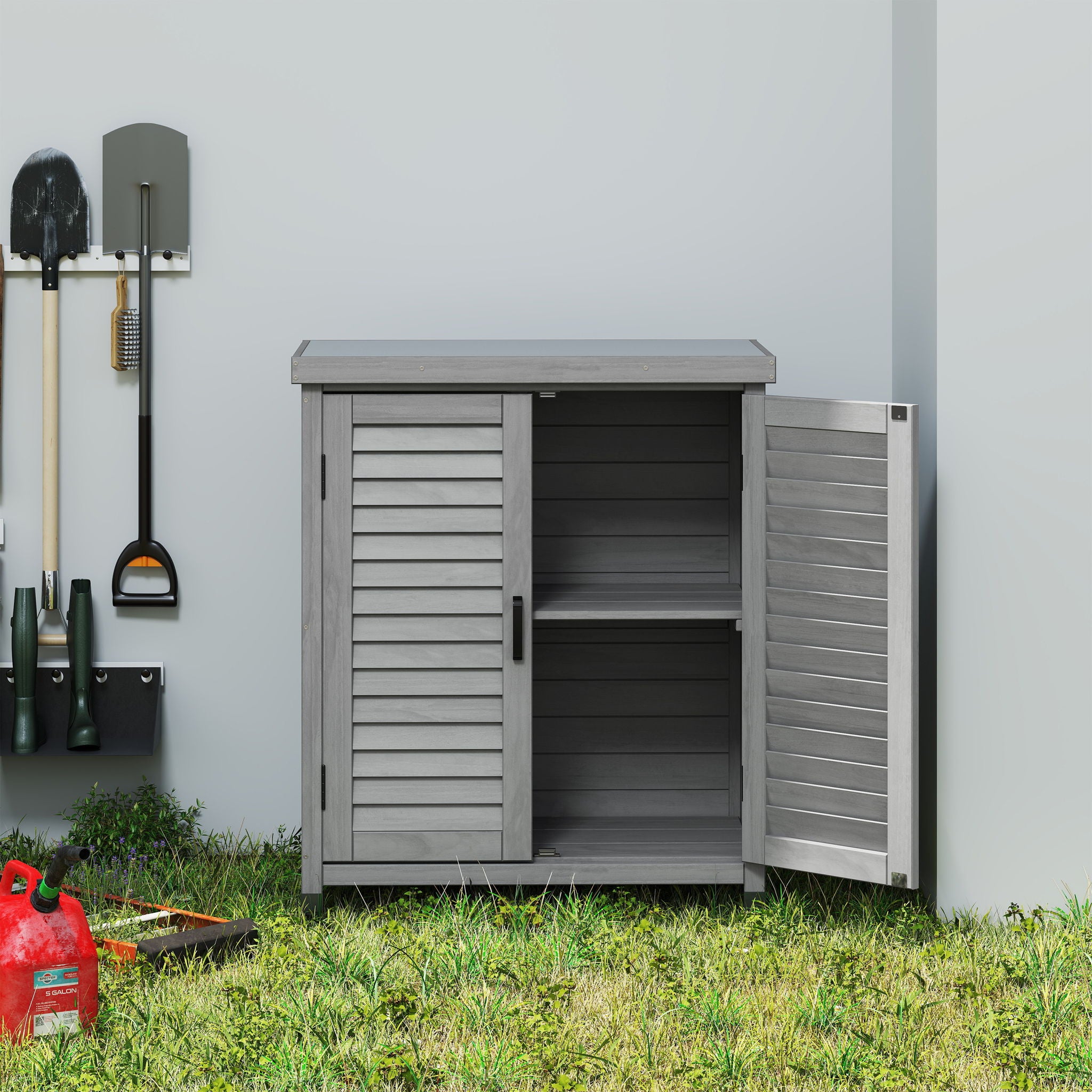 Potting Bench With Storage Cabinet And Metal Table Top For Outdoor