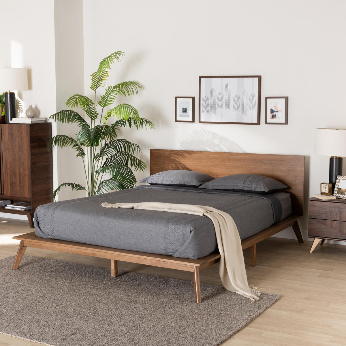 Wheatley Mid-Century Modern Walnut Brown Finished Wood Queen Size Platform Bed