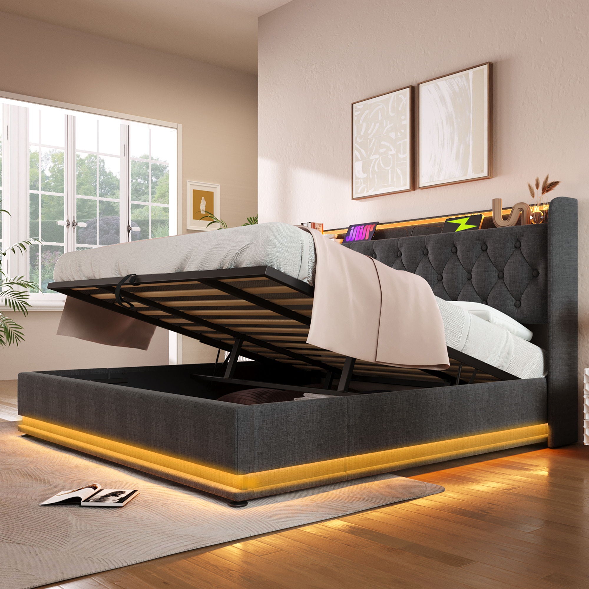 Upholstered Bed, 360 Surround LED Function, Remote Control, Hydraulic Storage Bed With USB, Type-C Charging (Without Mattress)