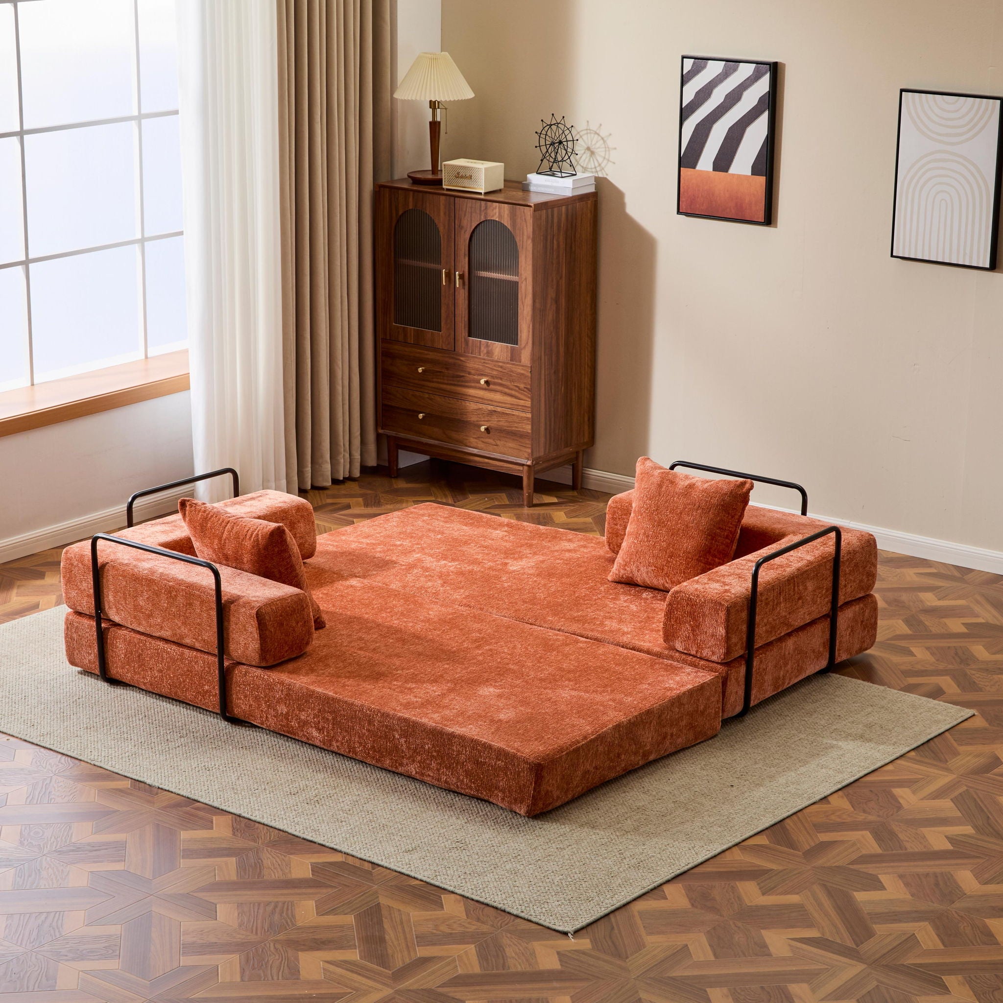 Convertible Floor Sofa Bed With Pillow Back Support Armrest