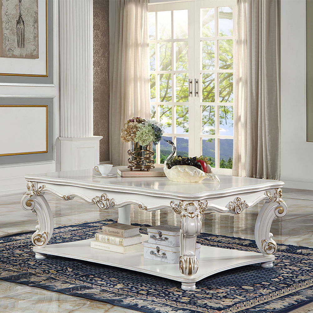 ACME KD, Table with Scrolled Leg and Bottom Shelf Top Apron: Scrolled Decor Trim | Meri Furniture