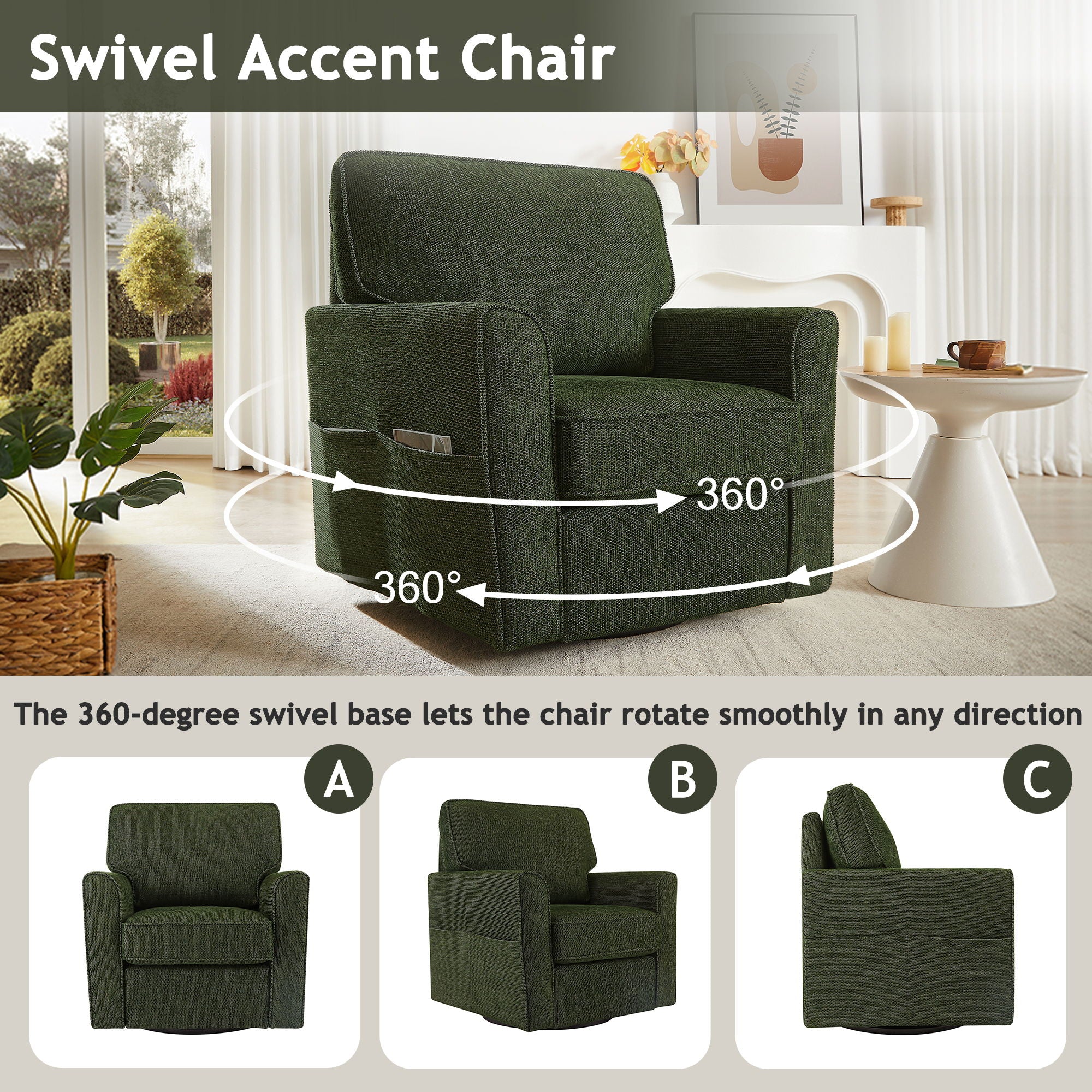 360° Swivel Accent Barrel Armchair With Side Pockets, Compact Design