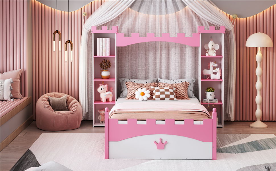 Castle Shaped Bed With Storage Shelf, Dreamy Platform Bed For Kids Bedroom