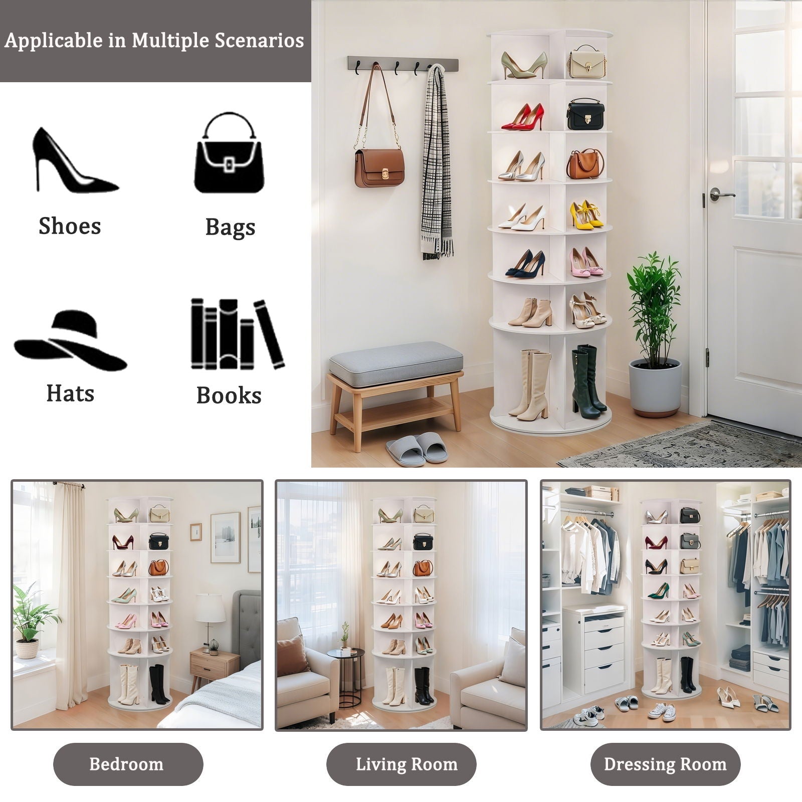 7 Tier Rotating Shoe Rack With High Base Design, Freestanding 360° Organizer For 28 Pairs - White