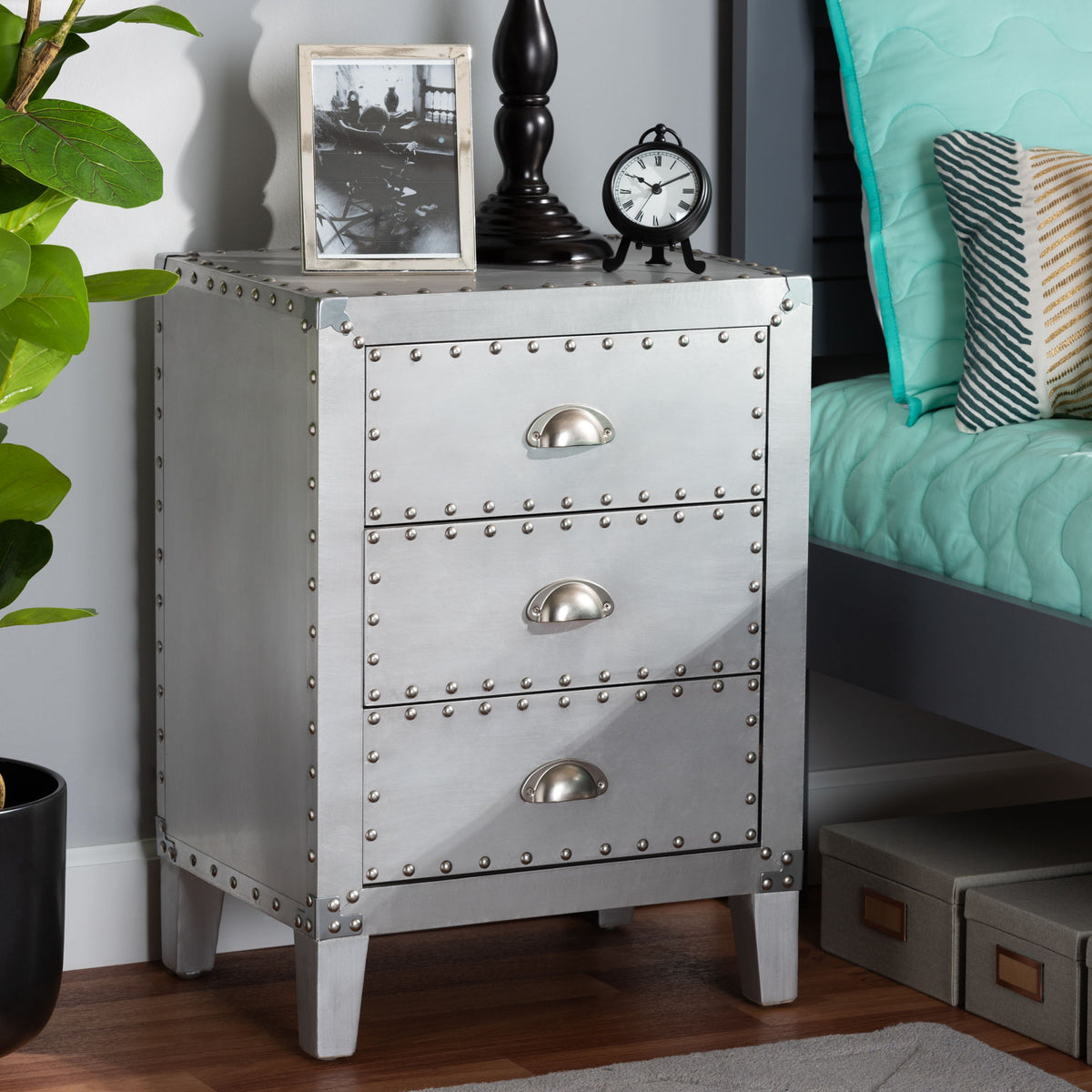 Claude French Industrial Silver Metal 3-Drawer End Table