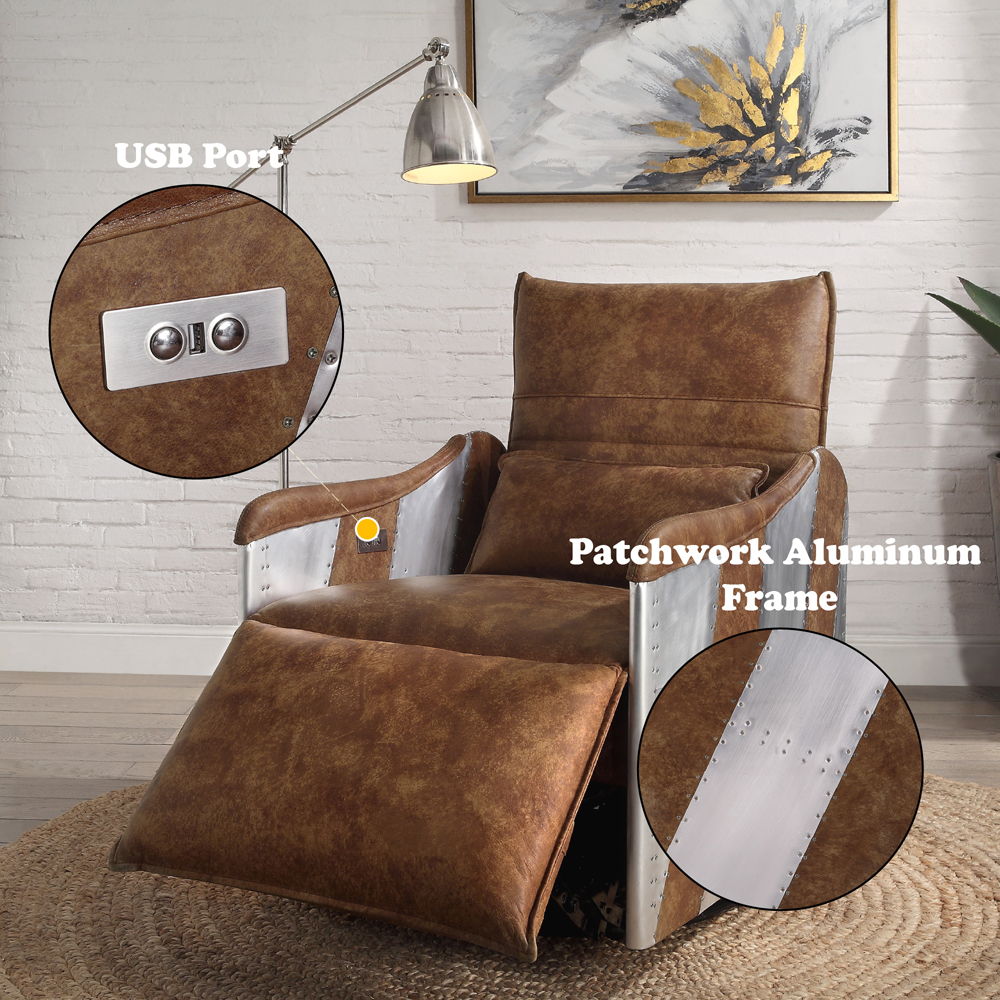 Qalurne - Power Motion Recliner With Swivel - Two Tone Mocha Top Grain Leather & Aluminum