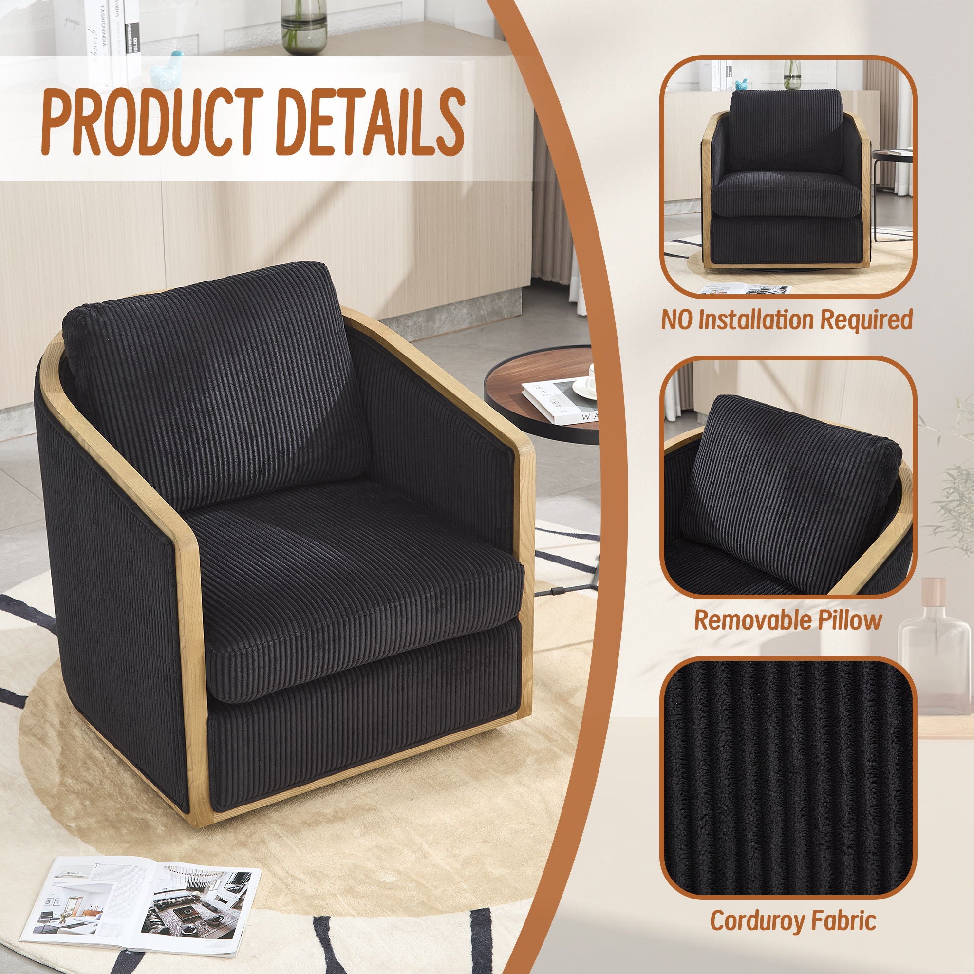 Corduroy Barrel Chair, 360 Degree Swivel