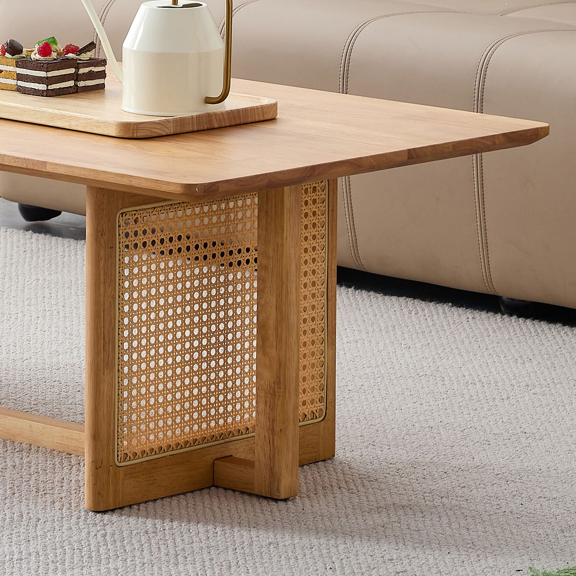 Chinese Style White Solid Wood And Imitation Rattan Coffee Table