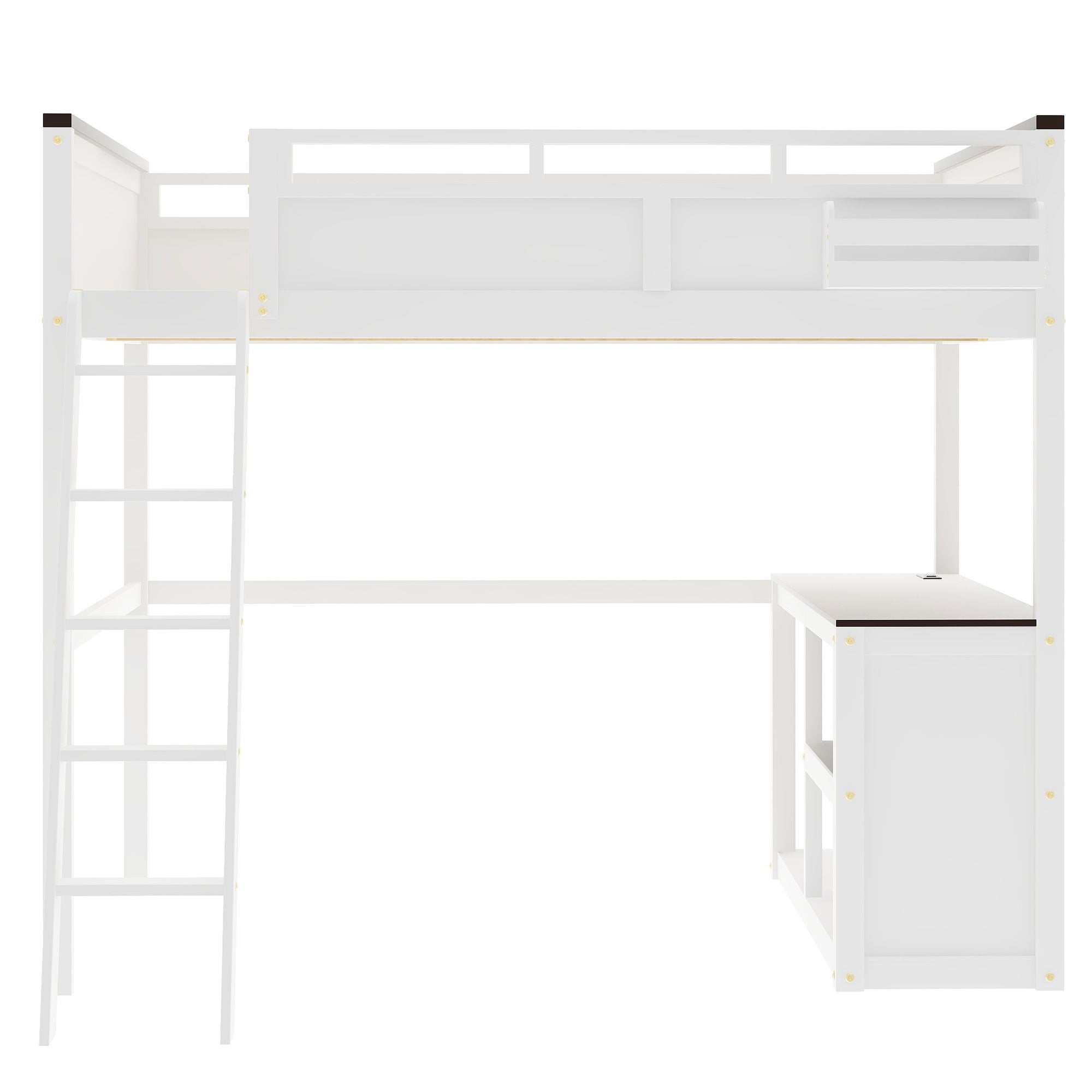 Queen Size Loft Bed With Desk, Open Shelf, Storage Box And USB Charging Station - White