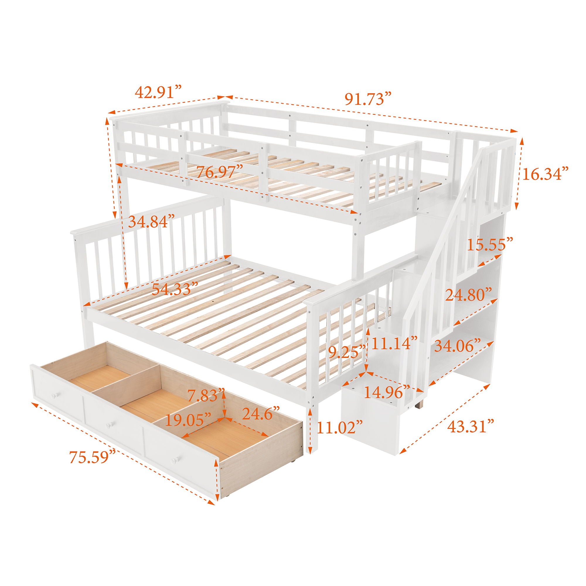 Stairway Bunk Bed With Storage And Guard Rail For Bedroom