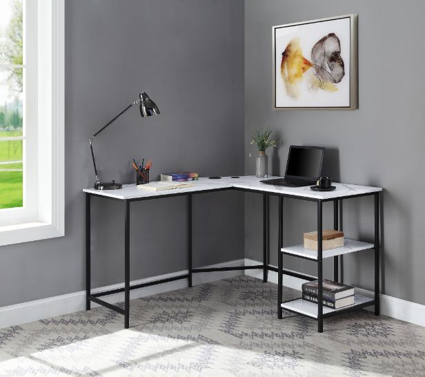 KD• L Shape Writing Desk• 2 Tier Shelf Under Table Top• Includes USB Charging Port• Open Metal Frame