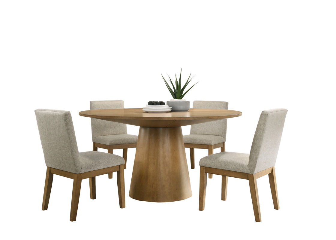 Jasper Driftwood Finish 5 Piece 59" Contemporary Round Dining Table Set with Pedestal Base and Beige Fabric Chairs