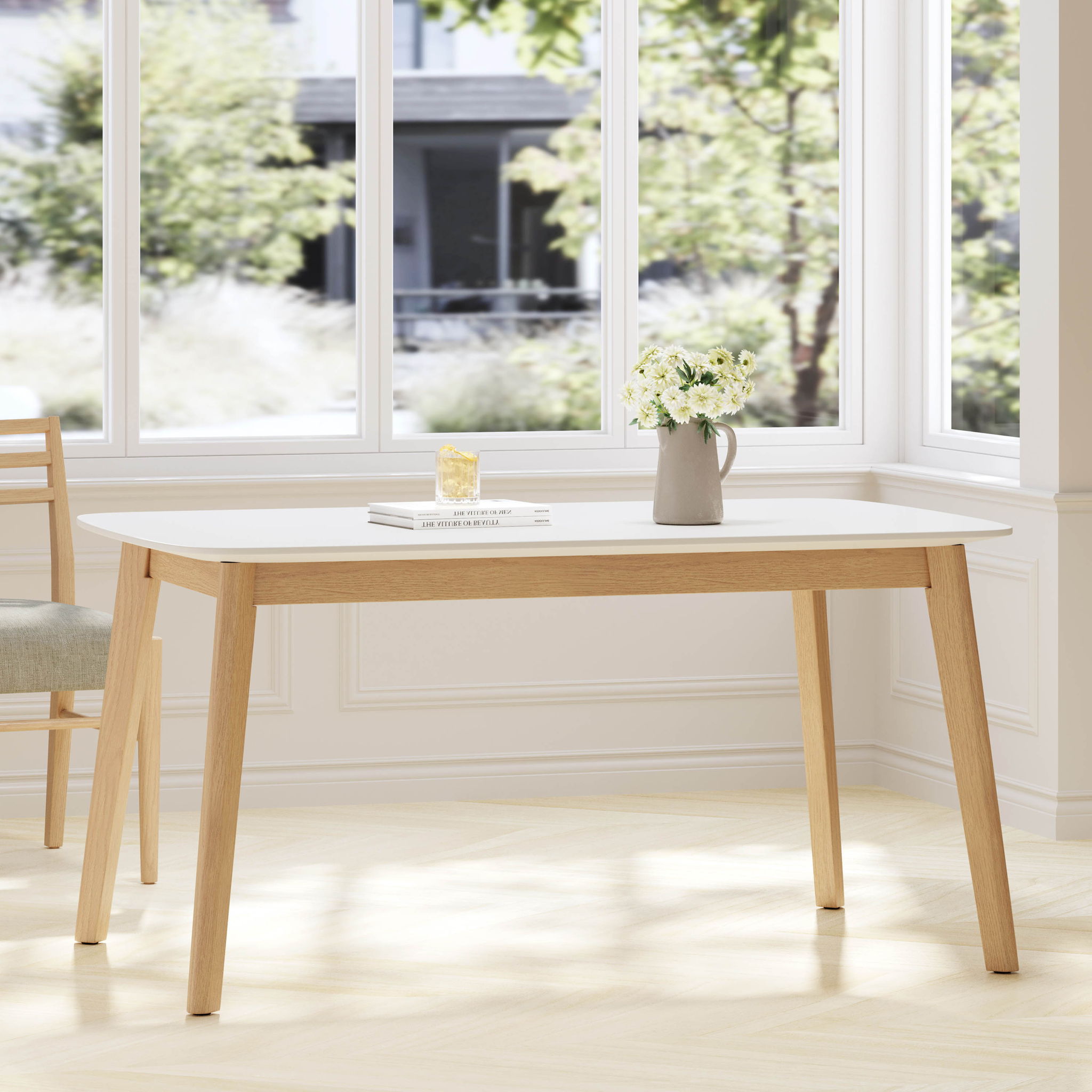 Dining Table With Splayed Rubberwood Legs & Faux Wood Tabletop, Mid Century Modern - White Oak