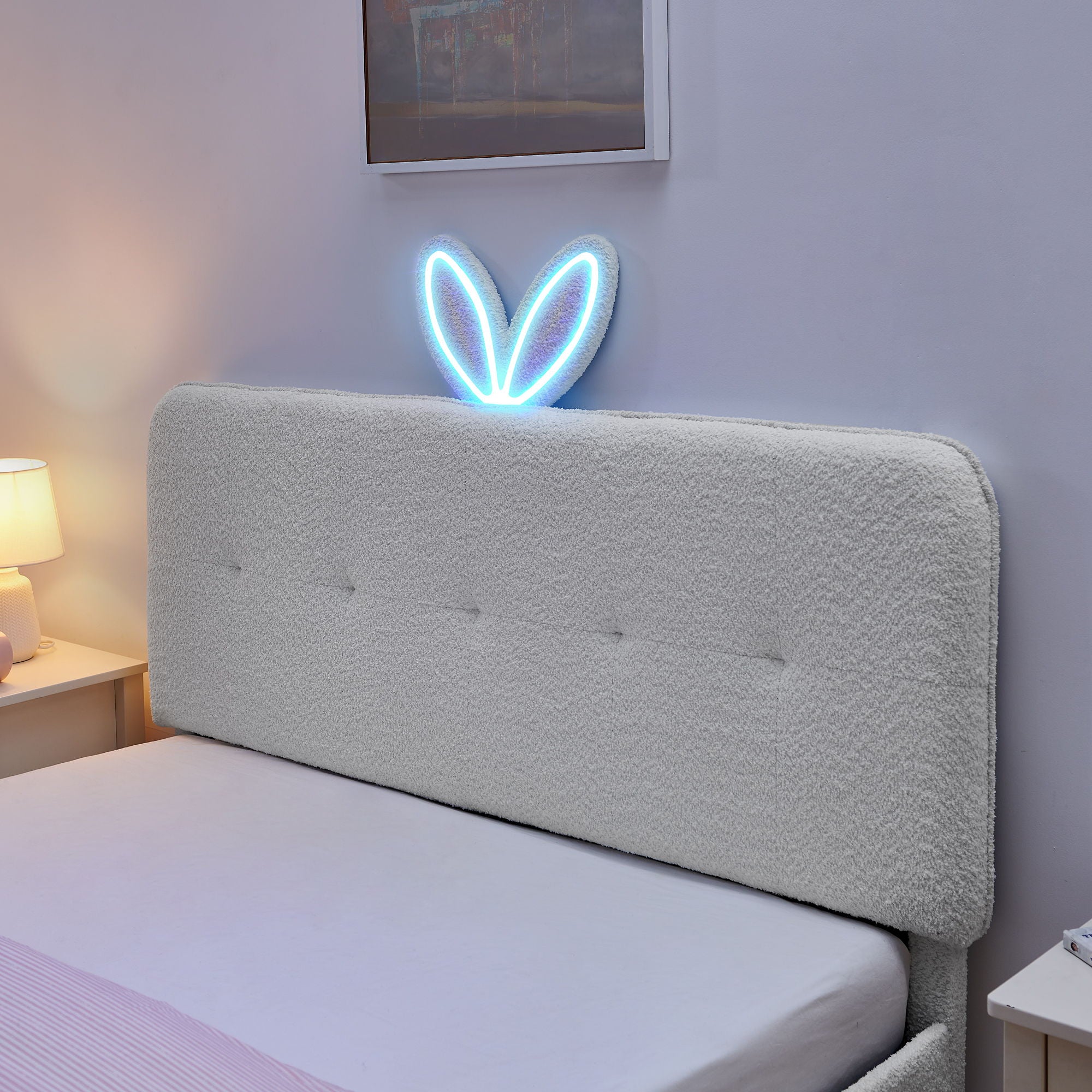 Upholstered Bed With Oversized Rabbit Ear Headboard, LED Lights & 4 Storage Drawers
