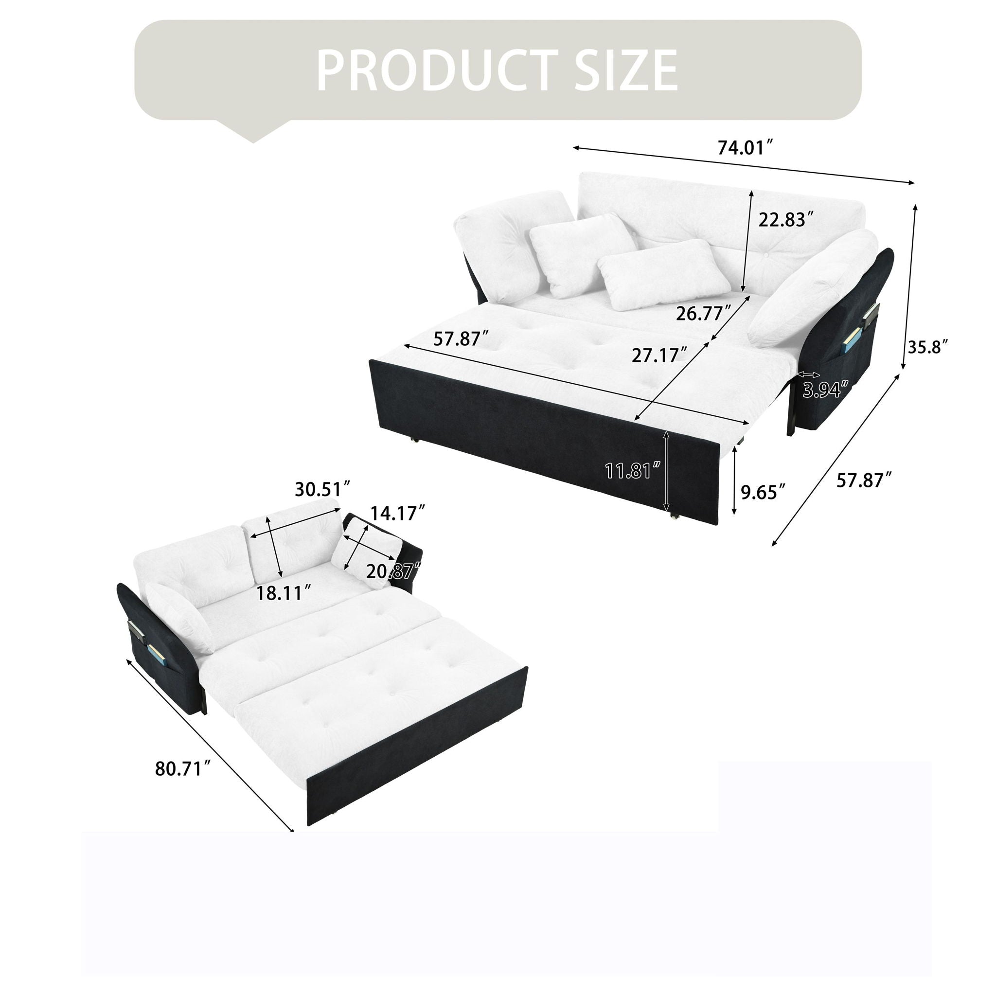 Modern Convertible Sleeper Sofa Bed With Pull-Out Queen Design, Side Storage & Thick Cushions
