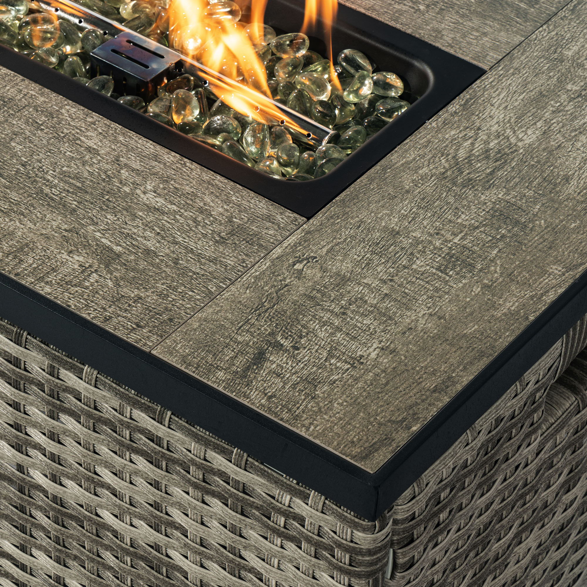 32" Propane Gas Fire Pit Table With Propane Tank Cover, 50000 Btu Rectangular Steel Fire Pit With Beautiful Wicker Base