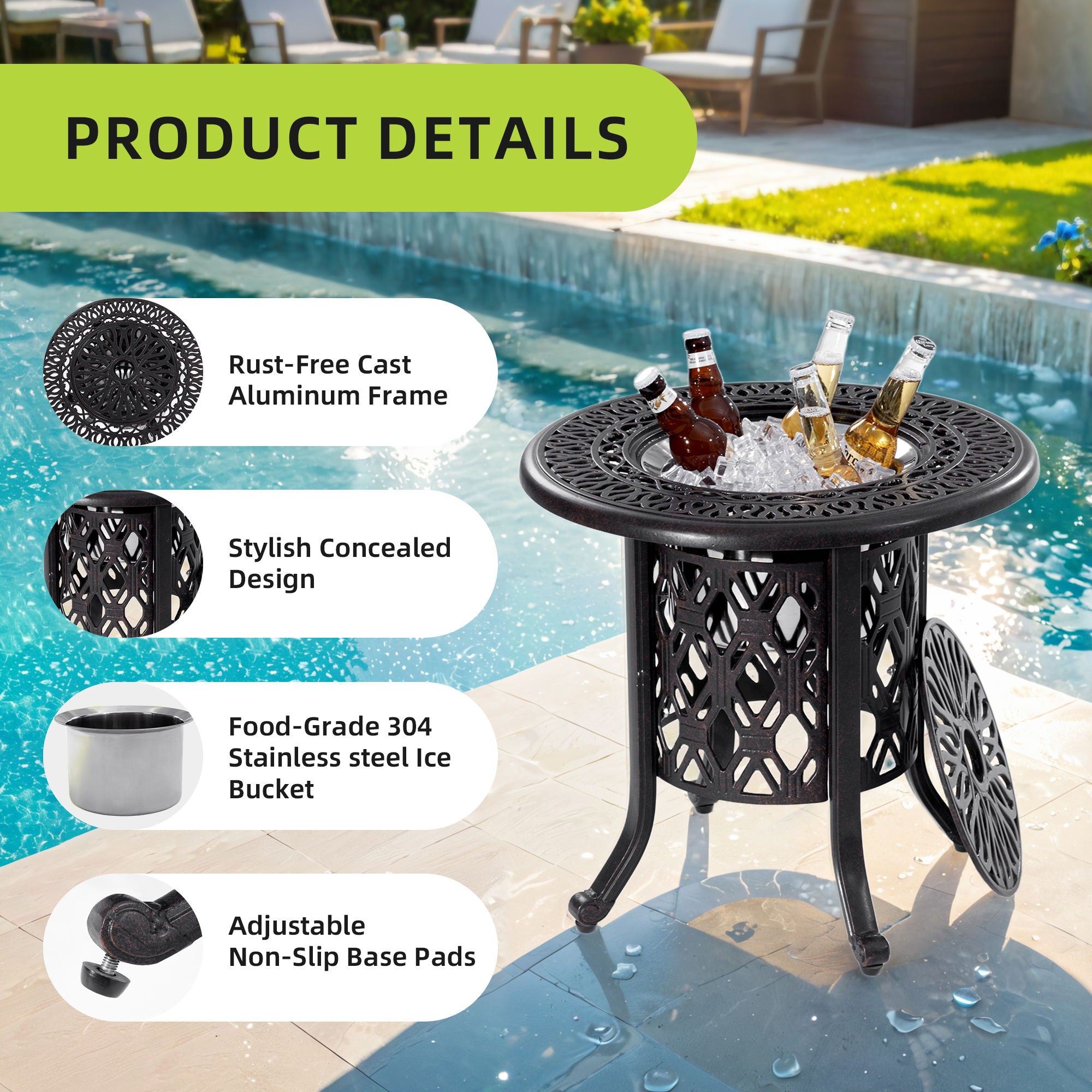 Side Table With Removable Ice Bucket, Hand Brushed Finish, Food Grade Bucket For Indoor & Outdoor Use - Antique Bronze