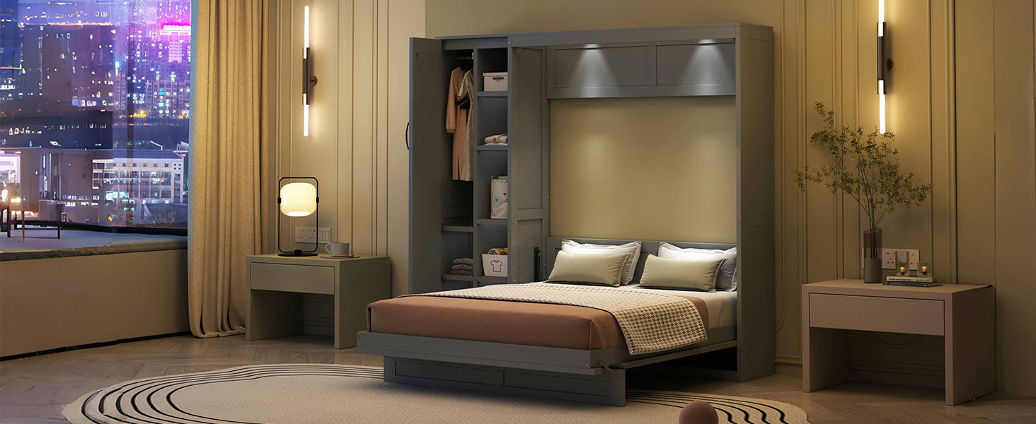 Murphy Wall Bed With Shelves, Wardrobe And LED Lights